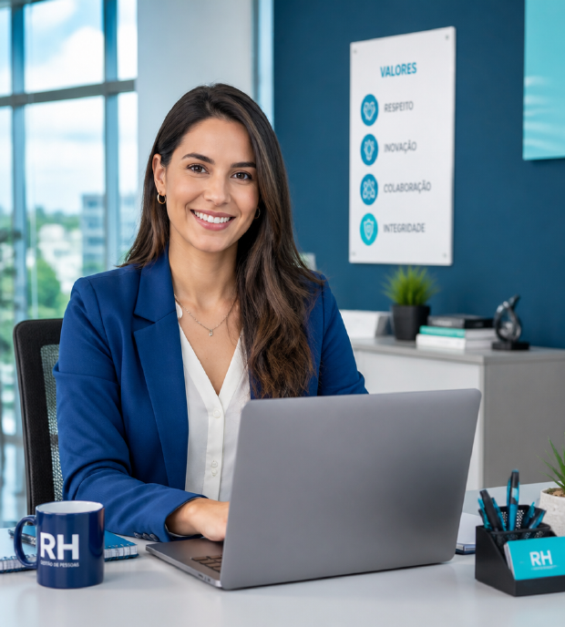 Colaboradora acessando o portal Synapps People no notebook